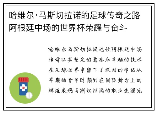 哈维尔·马斯切拉诺的足球传奇之路 阿根廷中场的世界杯荣耀与奋斗